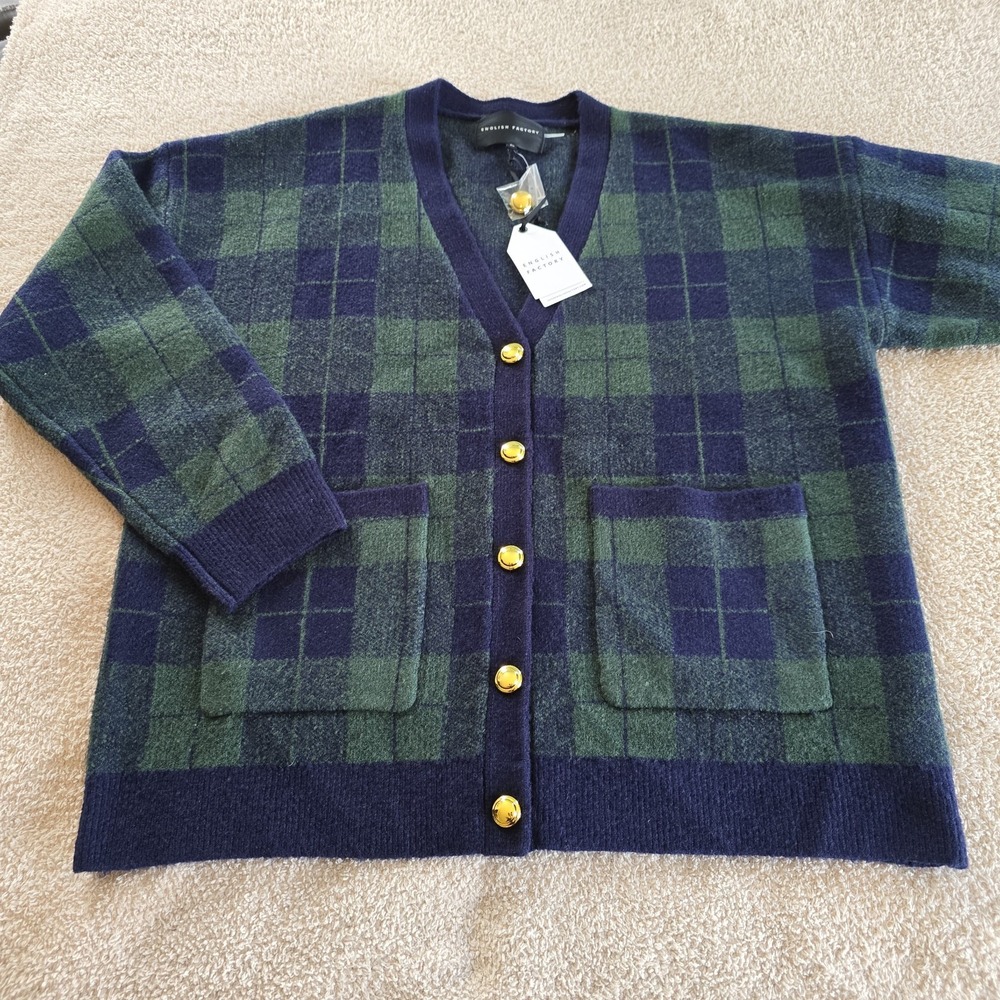 English Factory Check Cardigan Green Gold Tone Buttons Academia Preppy Sz XL NWT
